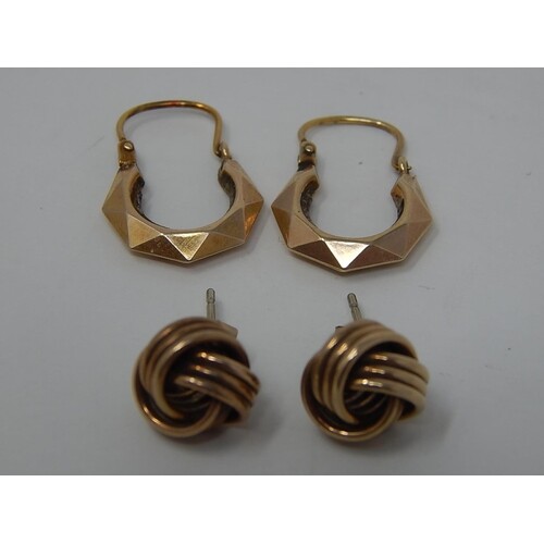 2 x Pairs of 9ct gold knot stud earrings and geometric hoop ...