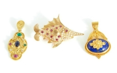 Diamond and gemstone pendants and fish brooch (3pcs)
