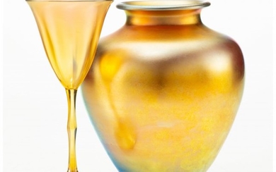 23048: A Steuben Gold Aurene Glass Vase and Goblet, cir