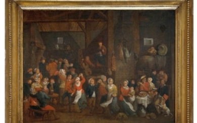 Flemish school Tavern scene Oil on canvas, cm. 38,5x51,5. Framed...