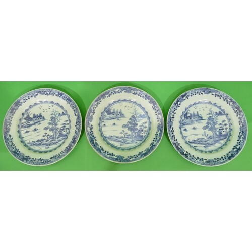 3 x 18th Century Chinese Blue and White Plates depicting riv...