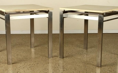PAIR SOPHISTICATED STEEL END TABLES PARCHMENT TOP