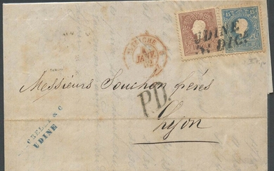 31.12.1861, lettera da Udine per Lione affrancata per 25s. Tramite...