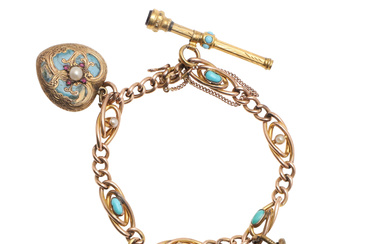 3149648. AN EDWARDIAN 9CT GOLD, TURQUOISE AND PEARL SET BRACELET.