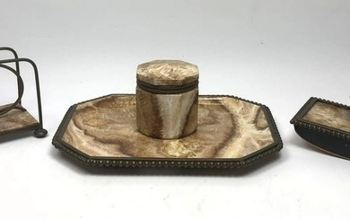 3pc Marble and Brass Desk Set. Tray with inkwell attach