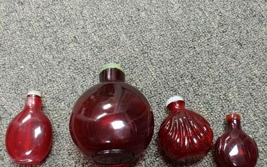 4 Chinese Red Peking Glass Snuff Bottles, 18-19th