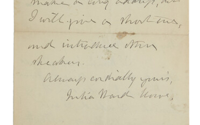 HOWE, JULIA WARD. Autograph Letter Signed, to "My dear Miss Ellis," promising to...