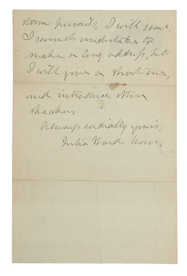 HOWE, JULIA WARD. Autograph Letter Signed, to "My dear Miss Ellis," promising to...