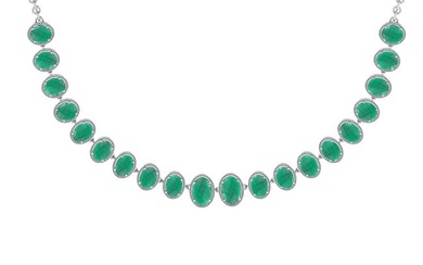 44.40 Ctw VS/SI1 Emerald And Diamond 14K White Gold Girls Fashion Necklace (ALL DIAMOND ARE LAB