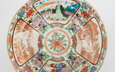 POLYCHROME PORCELAIN PLATE Made for the Japanese market. With four alternating enameled figural and gilt landscape cartouches and a...
