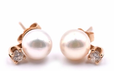 14k Yellow Gold Pearl and Diamond Earrings