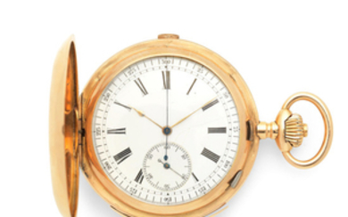 An 18K gold keyless wind carillon minute repeating chronograph full hunter pocket watch