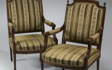 (2) 19th c. Louis XVI style carved walnut fauteuils