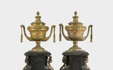 Pair 19th C. Bronze Urn and Marble Base Garnitures