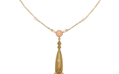 Art Nouveau Gold, Coral, and Diamond Lavaliere