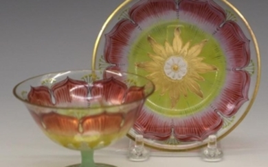 Bohemian Enameled Glass Sherbet & Under Plate