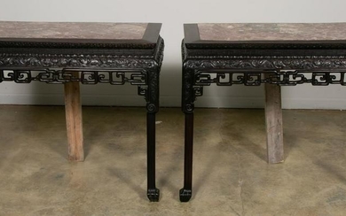 Pair, Chinese Carved Hardwood Marble Console Table