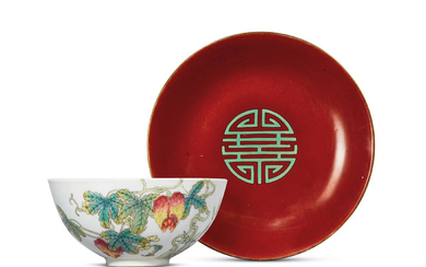 A CORAL GROUND GREEN-ENAMELLED ‘SHOU CHARACTER’ DISH AND A FAMILLE ROSE ‘BALSAM PEAR’ BOWL, QING DYNASTY, 19TH CENTURY