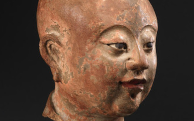 An exceptional carved sandstone head of a Luohan
