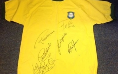 Football Brazil Shirt signed 1970 replica shirt signed by 6 members of the 1970 world cup winning side regarded by many as...