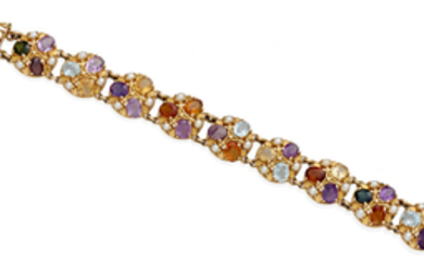 A gem-set, cultured pearl and 14k gold bracelet