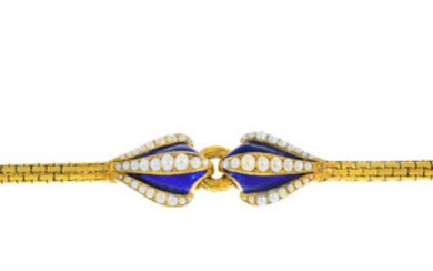 A mid Victorian 18ct gold split pearl and enamel bracelet. View more details