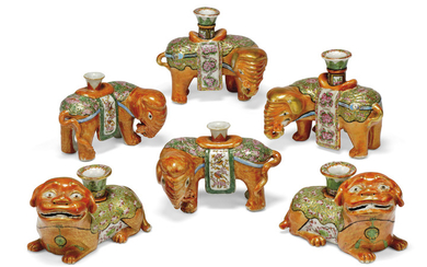 THREE PAIRS OF CANTONESE FAMILLE ROSE ANIMAL CANDLE-HOLDERS, 19TH CENTURY