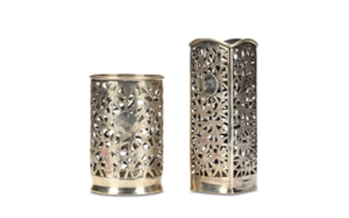 TWO CHINESE SILVER 'BAMBOO' PARFUMIERS. Circa 1920. 107g,...