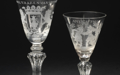 Two Dutch engraved moulded-stem wine glasses, circa 1730-40