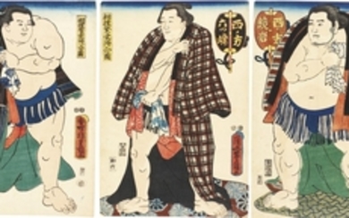 UTAGAWA KUNISDA (1786–1864), UTAGAWA KUNIYOSHI (1797–1861) AND UTAGAWA TOYOKUNI (1769–1825) A GROUP OF FIVE SUMO PRINTS EDO PERIOD, 18TH–19TH CENTURY