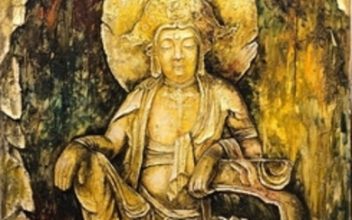 A very large textured mixed media oil on canvas of the seated Buddha, 152 x 183cm.