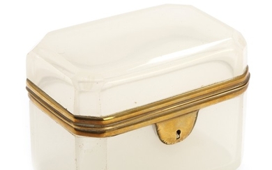 White opaline glass sugar casket with brass mounting. Possibly France. Circa 1900. H. 8. W. 10.5. D. 7 cm.