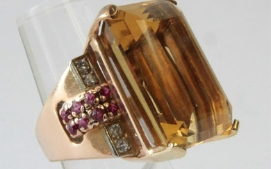 Art Deco Citrine, Ruby & Diamond Cocktail Ring