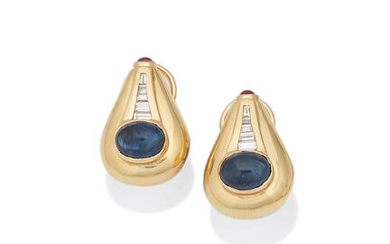 A pair of sapphire, ruby and diamond earrings