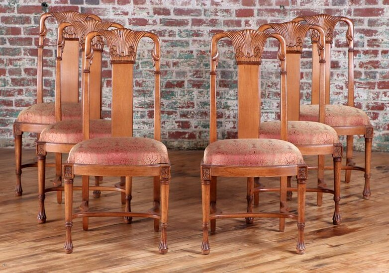 6 ART DECO STYLE CARVED FRUITWOOD DINING CHAIRS