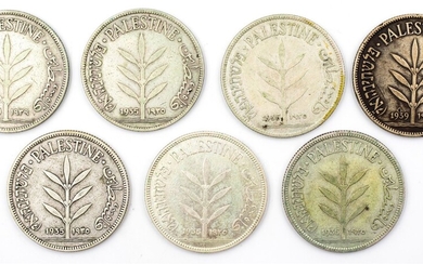 לוט 7 מטבעות 100 מיל מנדט: 1. חמישה מטבעות - 1935. 2. שני מטבעות - 1939