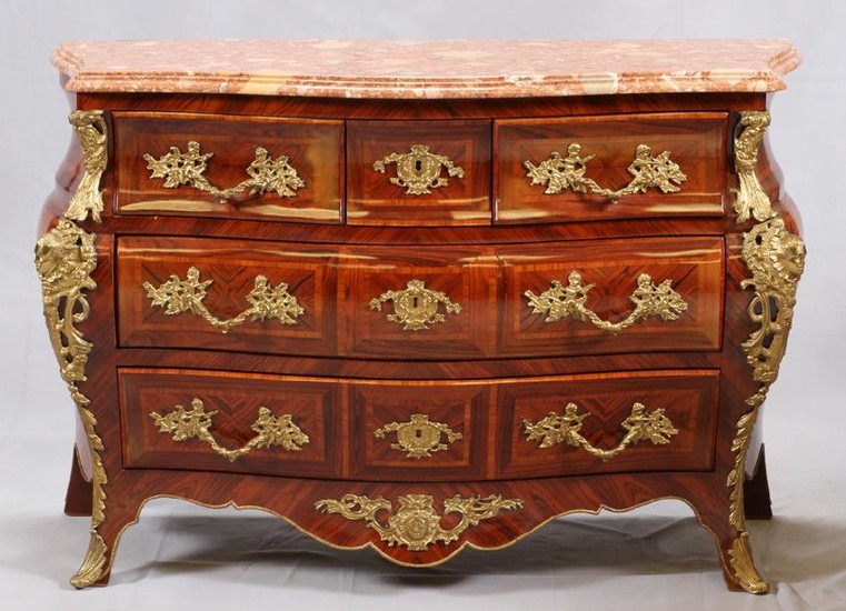 LOUIS XV STYLE MARBLE TOP BOMBE CHEST OF DRAWERS