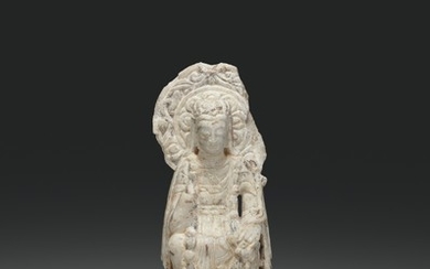 A RARE WELL-CARVED WHITE MARBLE FIGURE OF A PENSIVE BODHISATTVA, SUI DYNASTY (AD 581-618)