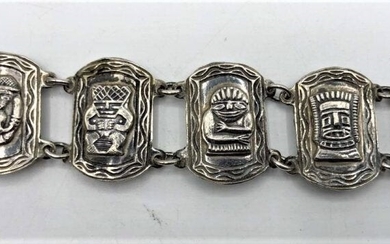 .900 Silver Mayan Six Linked Panels Bracelet