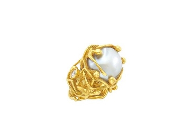 Gold, Baroque Cultured Pearl and Diamond Figural Ring