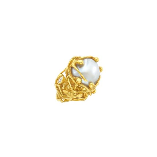 Gold, Baroque Cultured Pearl and Diamond Figural Ring