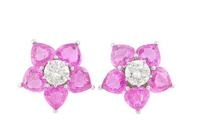 Pair of Platinum, Diamond and Pink Sapphire Earclips