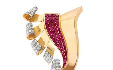 Retro Gold, Ruby and Diamond Clip-Brooch, France