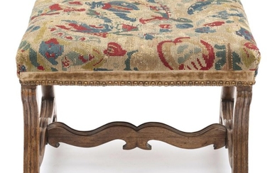 A 19TH CENTURY FRENCH LOUIS XIII STYLE TAPESTRY UPHOLSTERED STOOL, 38CM H X 53CM W X 42CM D