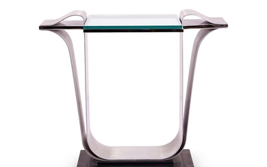 A BRUSHED AND POLISHED STEEL CONSOLE TABLE DESIGNED BY JAY SPECTRE, CIRCA 1980