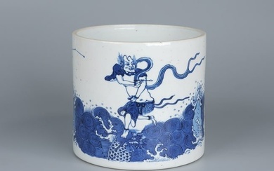 A CHINESE BLUE AND WHITE 'DEITY KUI' BRUSHPOT