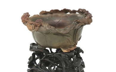 A CHINESE CARVED DUAN STONE BRUSH WASHER ON STAND Qing Dynasty (1644-1912), circa 18th Century