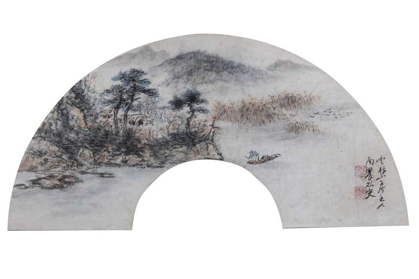 A CHINESE FAN LEAF LANDSCAPE PAINTING.