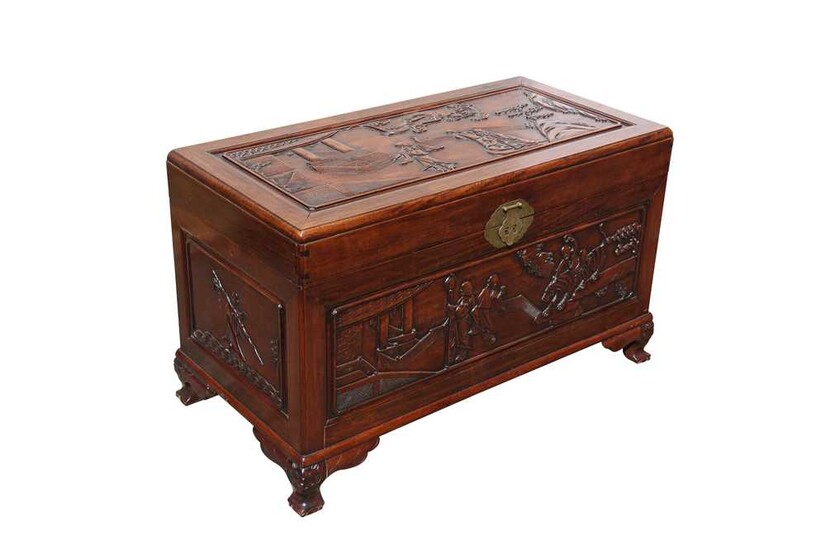 A CHINESE HARDWOOD 'EIGHT IMMORTALS' CHEST.