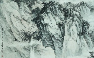 A CHINESE LANDSCAPE PAINTING ON PAPER, HANGING SCROLL, HUANG JUNBI MARK
